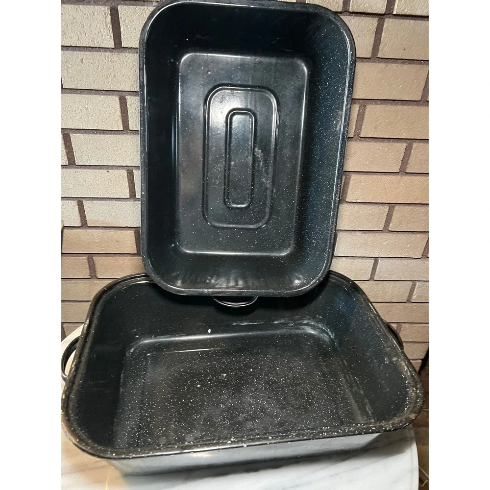 Vintage Black Speckled Enamelware Turkey Roaster Pan with Lid Large 18 inch